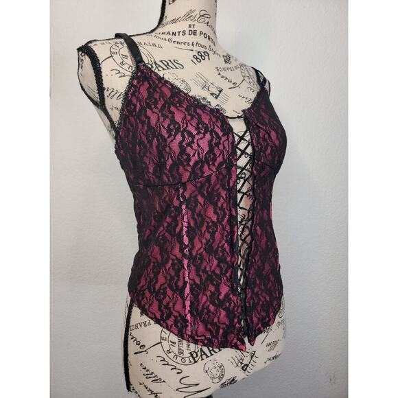 Y2K Pink Black Lace Overlaid Corset Top M Goth Ravewear Lace Up Romantic Fairy - Picture 3 of 8